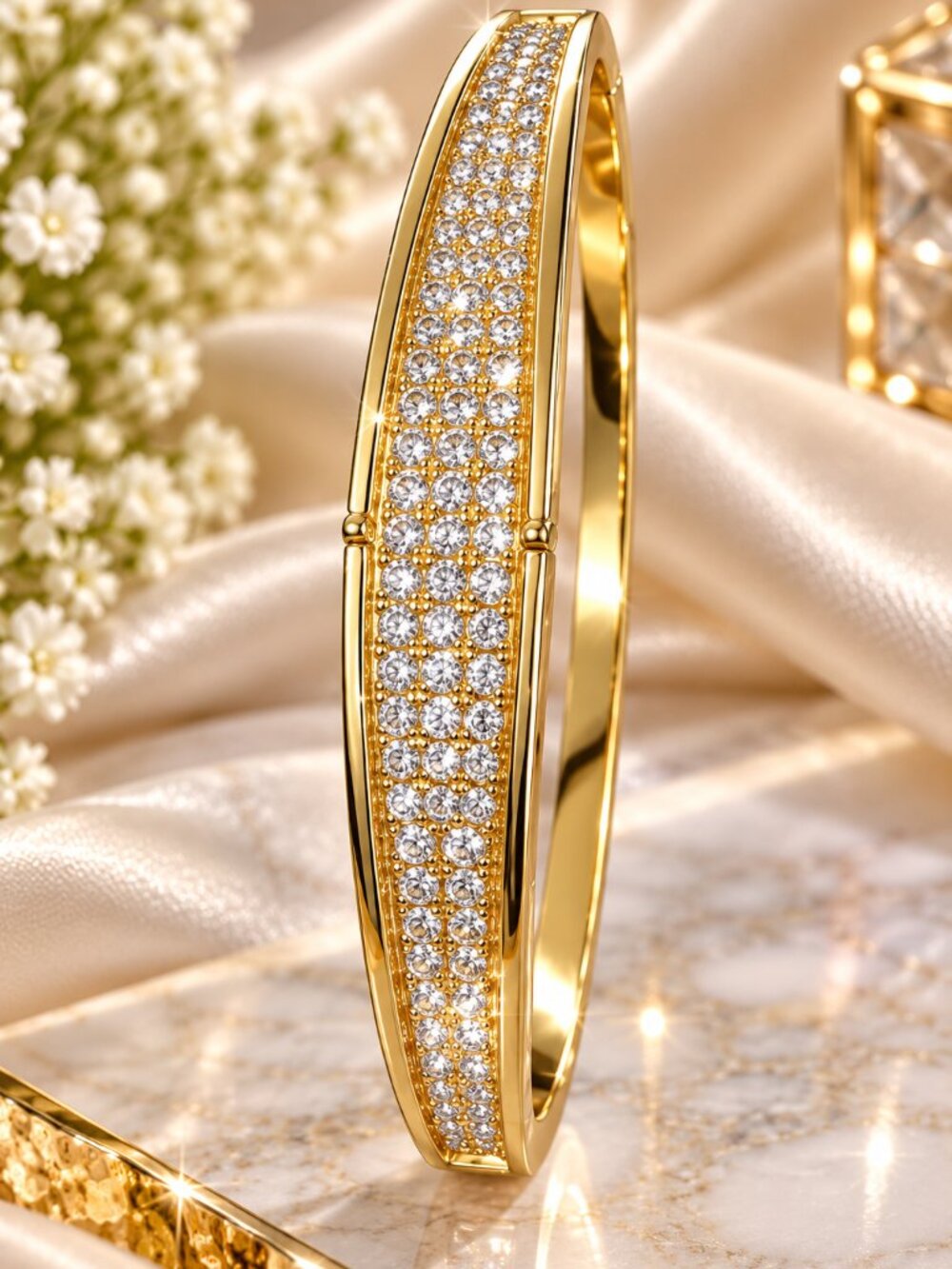 Elegant gold-tone bangle bracelet featuring rows of sparkling clear stones acros